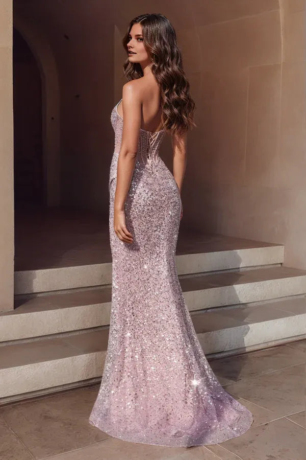 Weitese Dress Sparkly & Glamorous Sheath Strapless Sleeveless Beaded Fully Sequins Prom Party Gown Pleated Lace Up High Side Slit and Train Evening Formal Dress