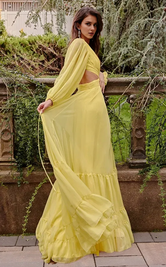 Weitese Dress Spring Fall Dress for Women Long Sleeve Regular Fit Neck Lantern Sleeve O-ring Slit Floor Length Prom Dress