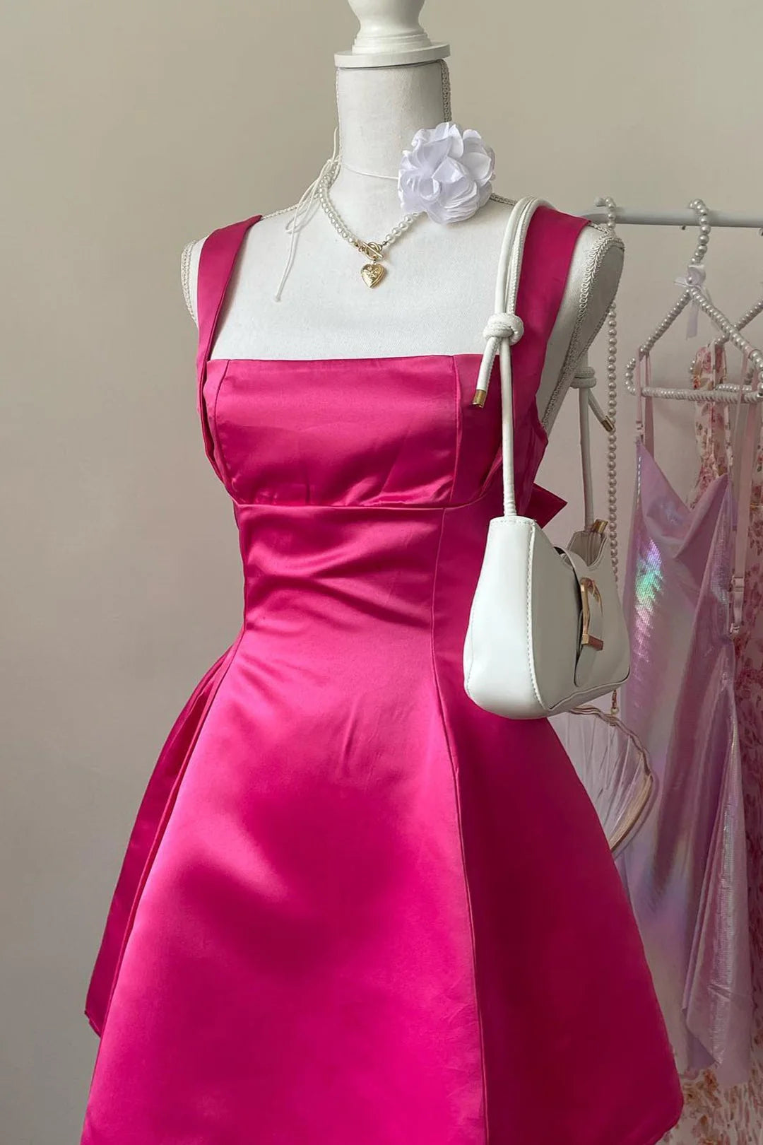 Weitese Dress Square Collar Fuchsia Back Bow A-line Short Party Dress Lace-Up Back Homecoming Dress