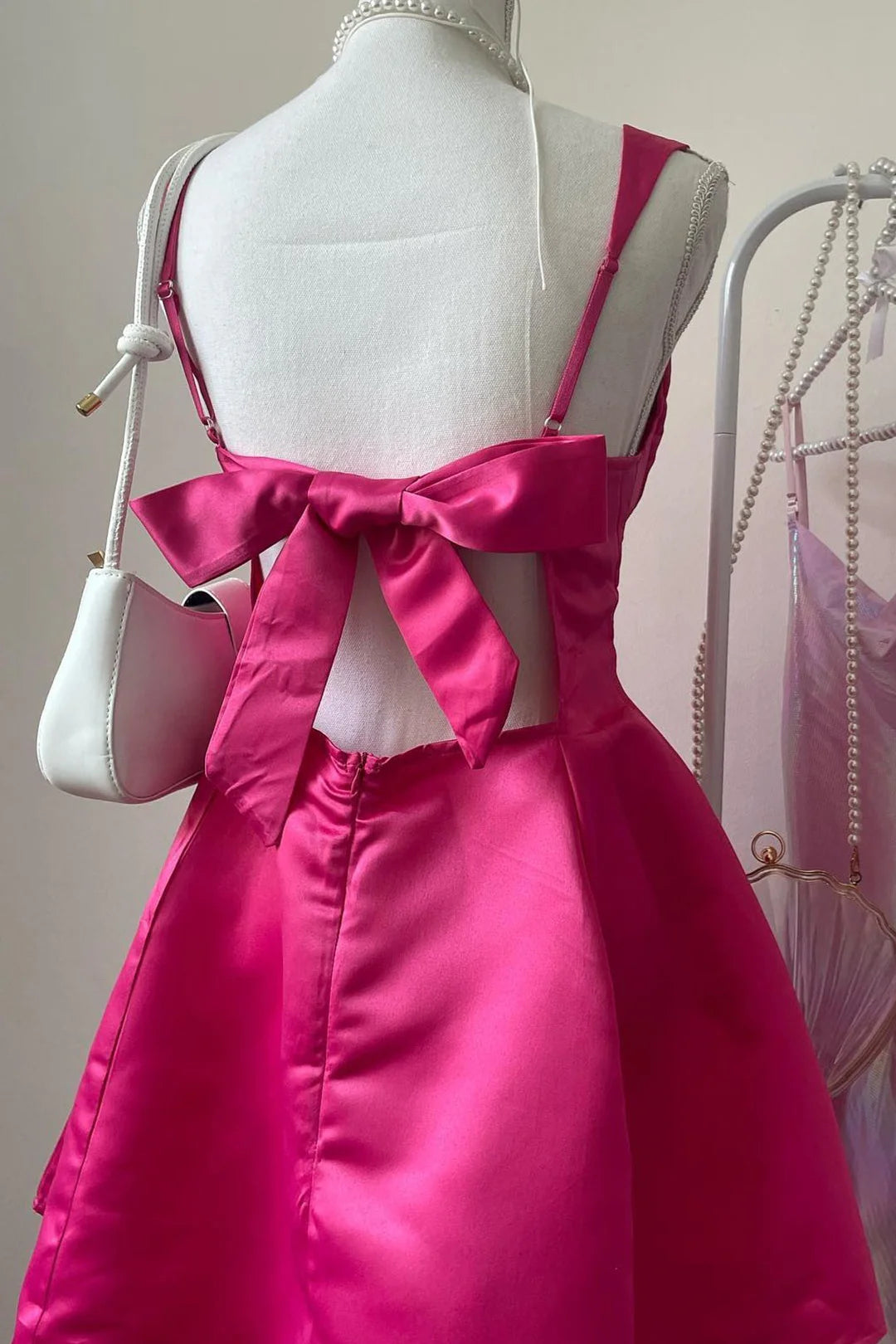 Weitese Dress Square Collar Fuchsia Back Bow A-line Short Party Dress Lace-Up Back Homecoming Dress