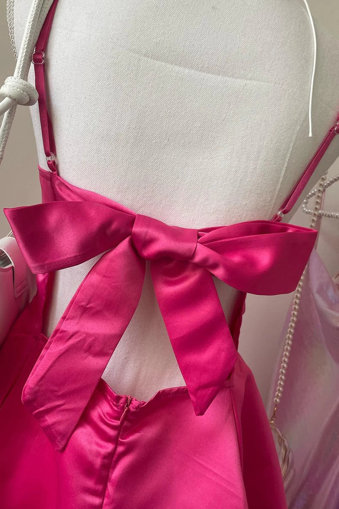 Weitese Dress Square Collar Fuchsia Back Bow A-line Short Party Dress Lace-Up Back Homecoming Dress