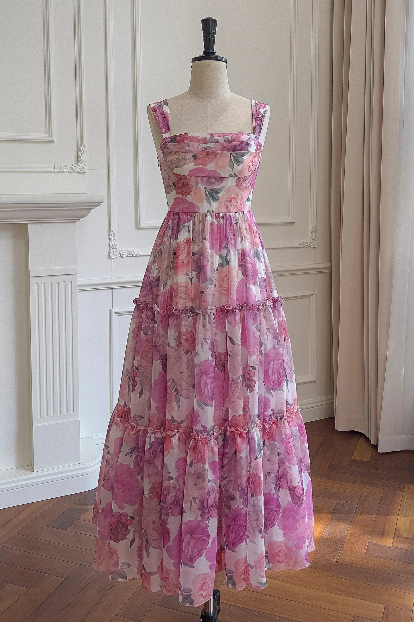 Robe Weitese à col carré et imprimé floral, robe longue trapèze avec lacets dans le dos 