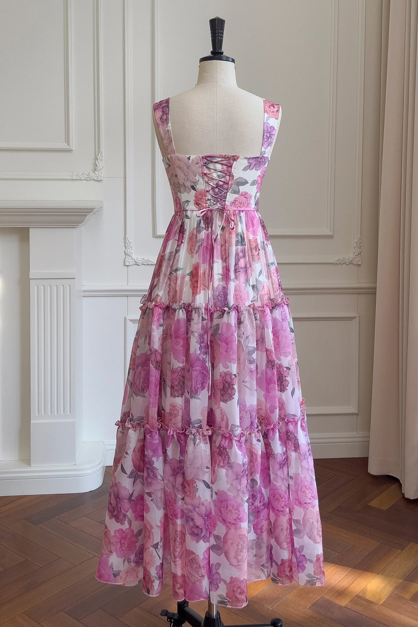 Robe Weitese à col carré et imprimé floral, robe longue trapèze avec lacets dans le dos 