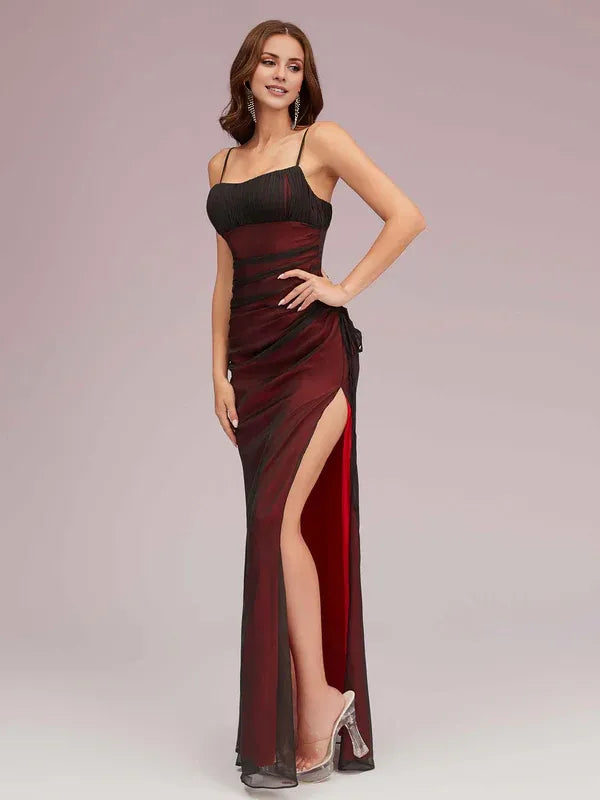 Robe de bal Weitese à col carré et bretelles spaghetti sexy, rouge et noire, avec fente latérale haute 