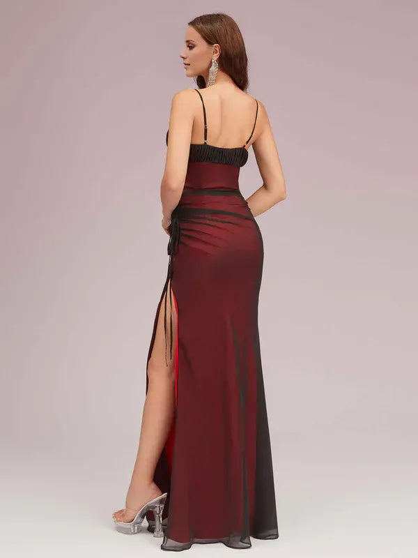Robe de bal Weitese à col carré et bretelles spaghetti sexy, rouge et noire, avec fente latérale haute 