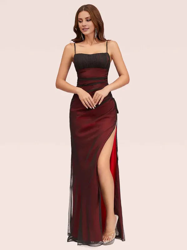 Robe de bal Weitese à col carré et bretelles spaghetti sexy, rouge et noire, avec fente latérale haute 