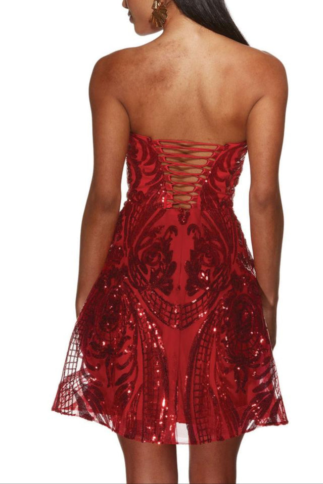 Vestido Weitese sin tirantes, corte A, princesa, vestido de cóctel, sin mangas, lentejuelas, espalda descubierta, con cordones, vestido corto para fiesta de bienvenida. 