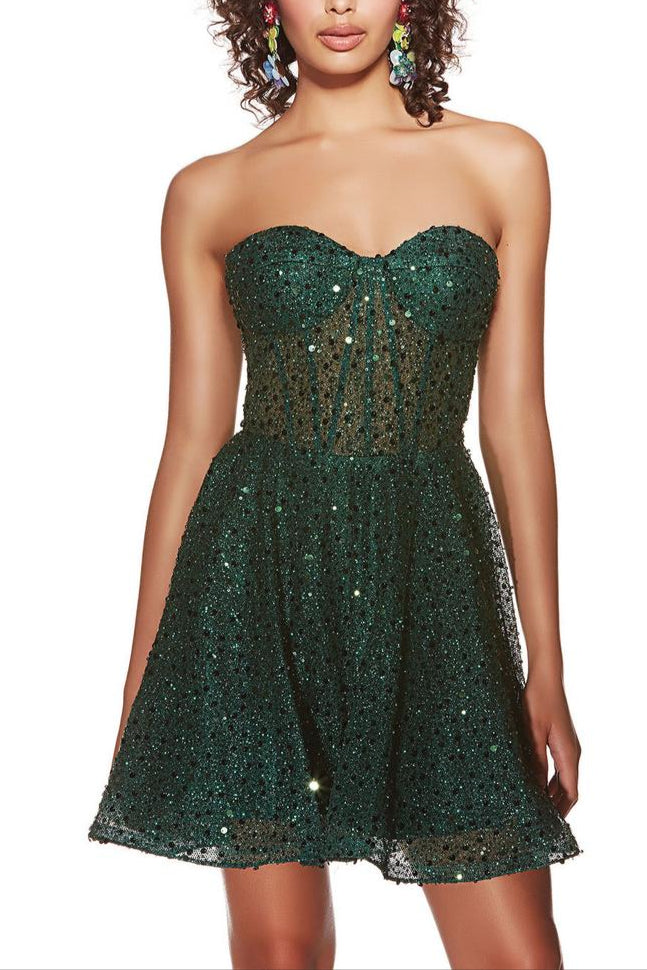 Vestido Weitese sin tirantes, corte A, princesa, corsé brillante, sin mangas, lentejuelas, espalda descubierta, con cordones, vestido corto para fiesta de bienvenida. 