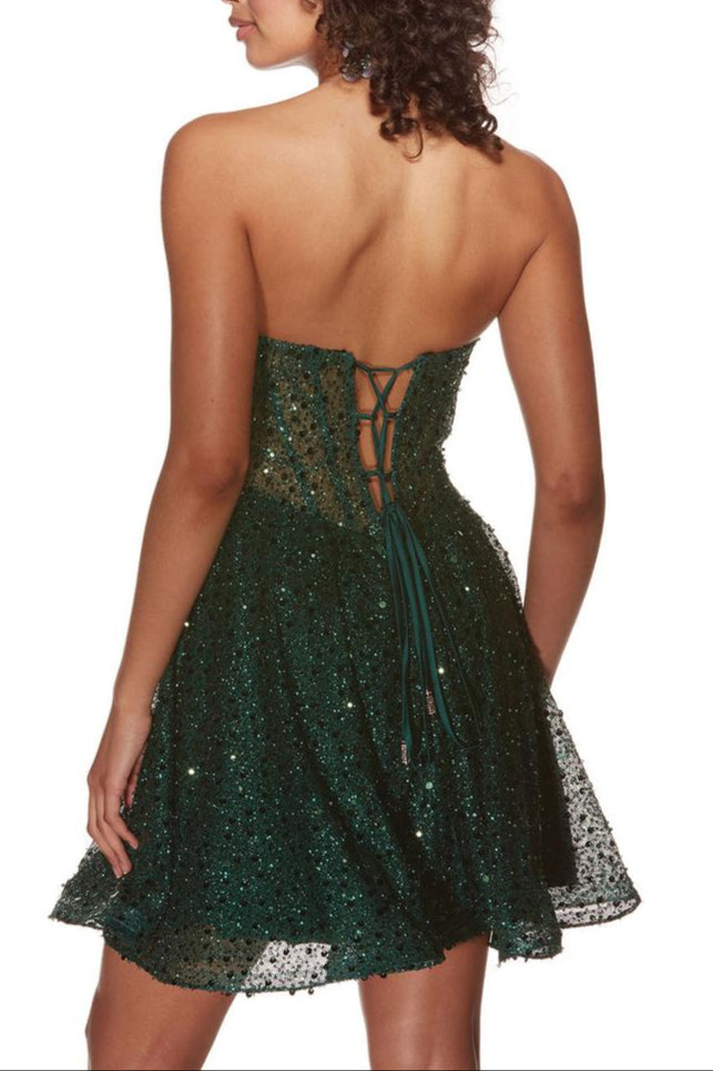 Vestido Weitese sin tirantes, corte A, princesa, corsé brillante, sin mangas, lentejuelas, espalda descubierta, con cordones, vestido corto para fiesta de bienvenida. 