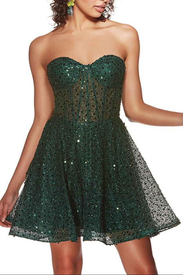 Vestido Weitese sin tirantes, corte A, princesa, corsé brillante, sin mangas, lentejuelas, espalda descubierta, con cordones, vestido corto para fiesta de bienvenida. 