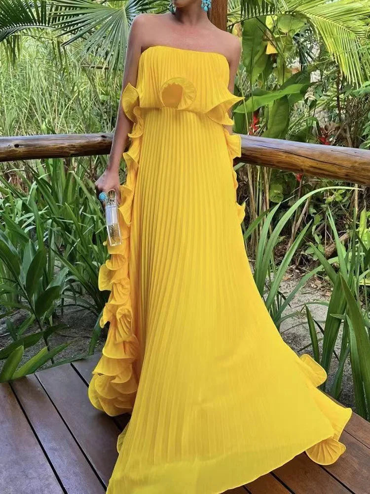 Weitese Dress Strapless Beach Style Fashion Maxi Dress Women Summer Sleeveless Simple Holiday Party Dress Solid Patchwork Chic Ladies Dress