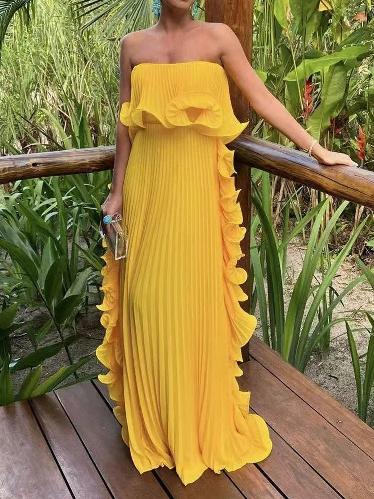 Weitese Dress Strapless Beach Style Fashion Maxi Dress Women Summer Sleeveless Simple Holiday Party Dress Solid Patchwork Chic Ladies Dress