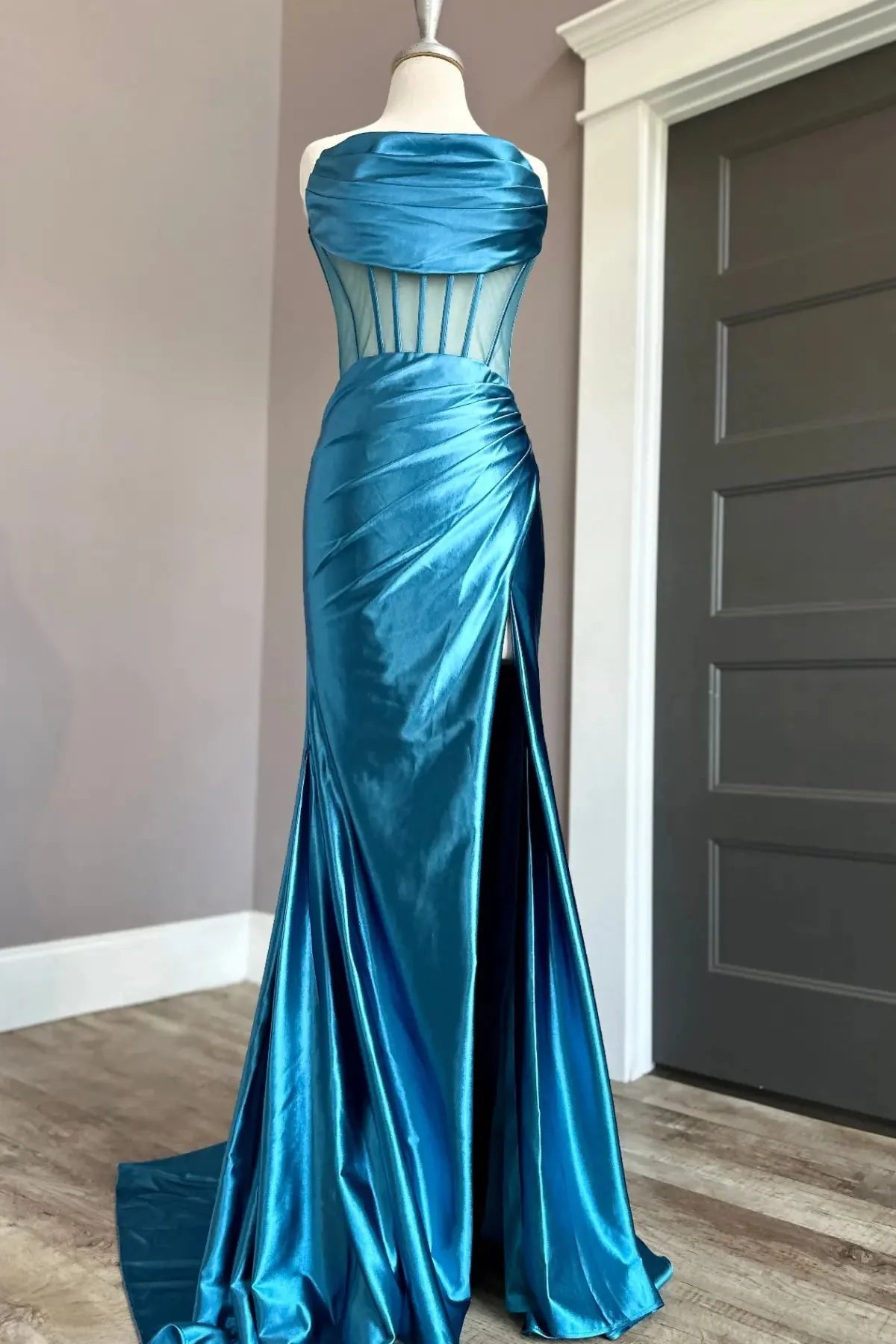 Weitese Dress Strapless Blue Cowl Neck Mermaid Formal Dress Prom Dress With Side Slit
