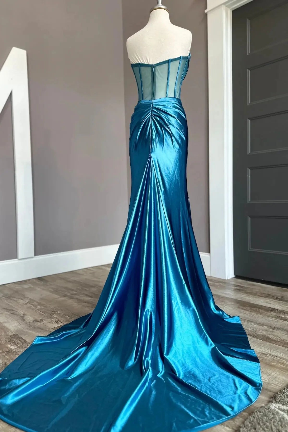 Weitese Dress Strapless Blue Cowl Neck Mermaid Formal Dress Prom Dress With Side Slit
