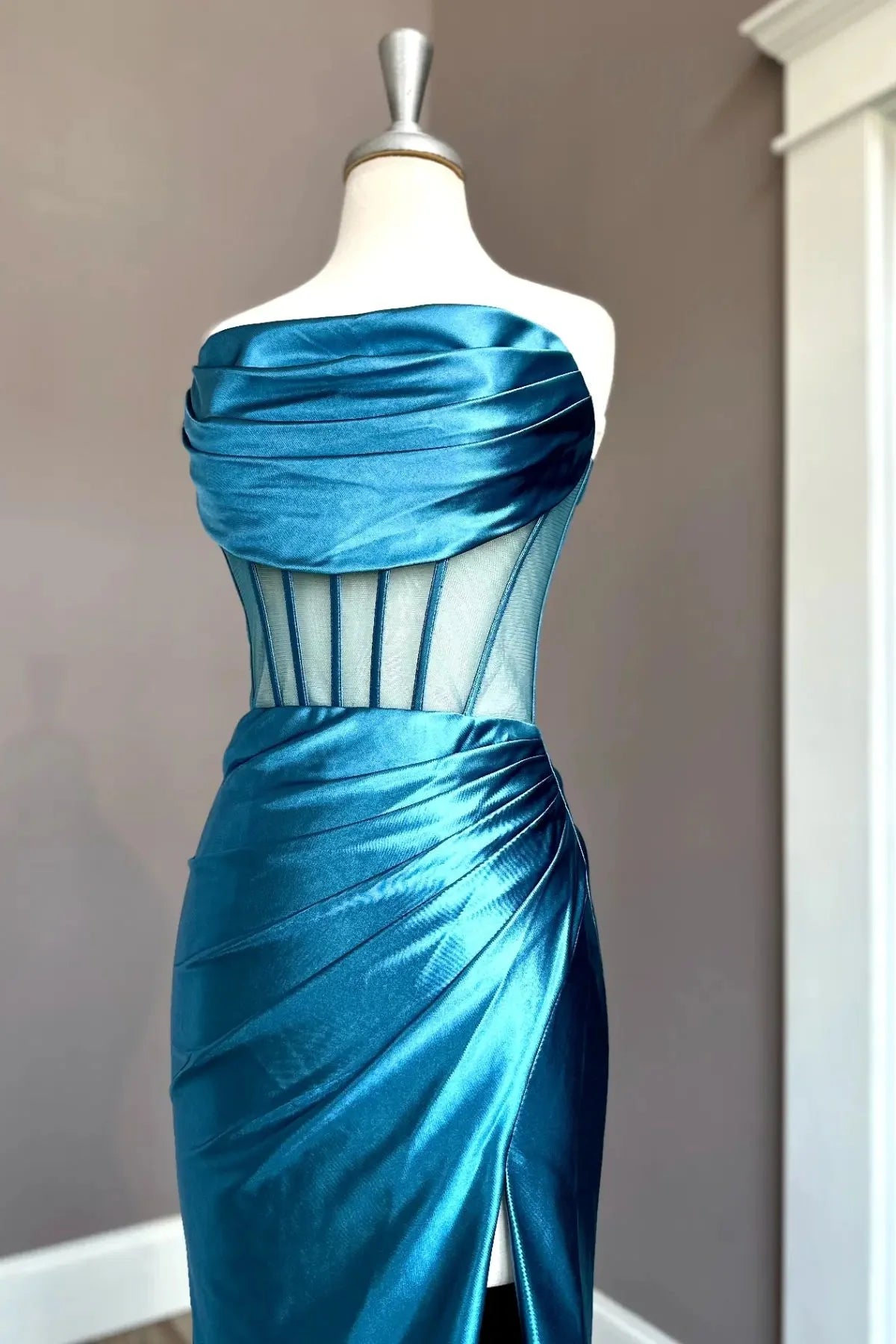Weitese Dress Strapless Blue Cowl Neck Mermaid Formal Dress Prom Dress With Side Slit