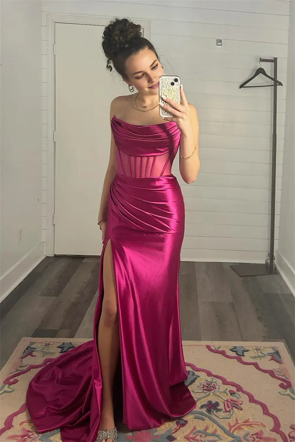 Weitese Dress Strapless Blue Cowl Neck Mermaid Formal Dress Prom Dress With Side Slit