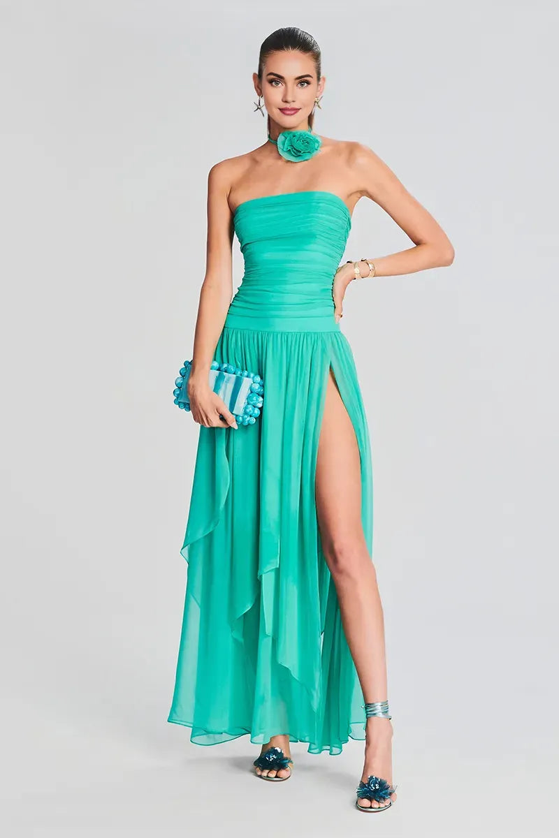 Weitese Dress Strapless Boat Neck Ruched Pleated High Slit Tulle Formal Party Maxi Prom Dresses