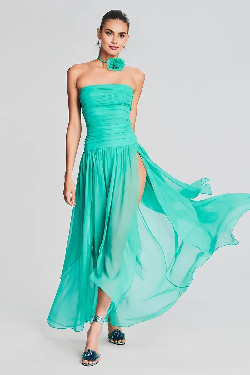 Weitese Dress Strapless Boat Neck Ruched Pleated High Slit Tulle Formal Party Maxi Prom Dresses