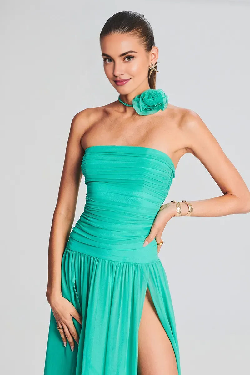 Weitese Dress Strapless Boat Neck Ruched Pleated High Slit Tulle Formal Party Maxi Prom Dresses