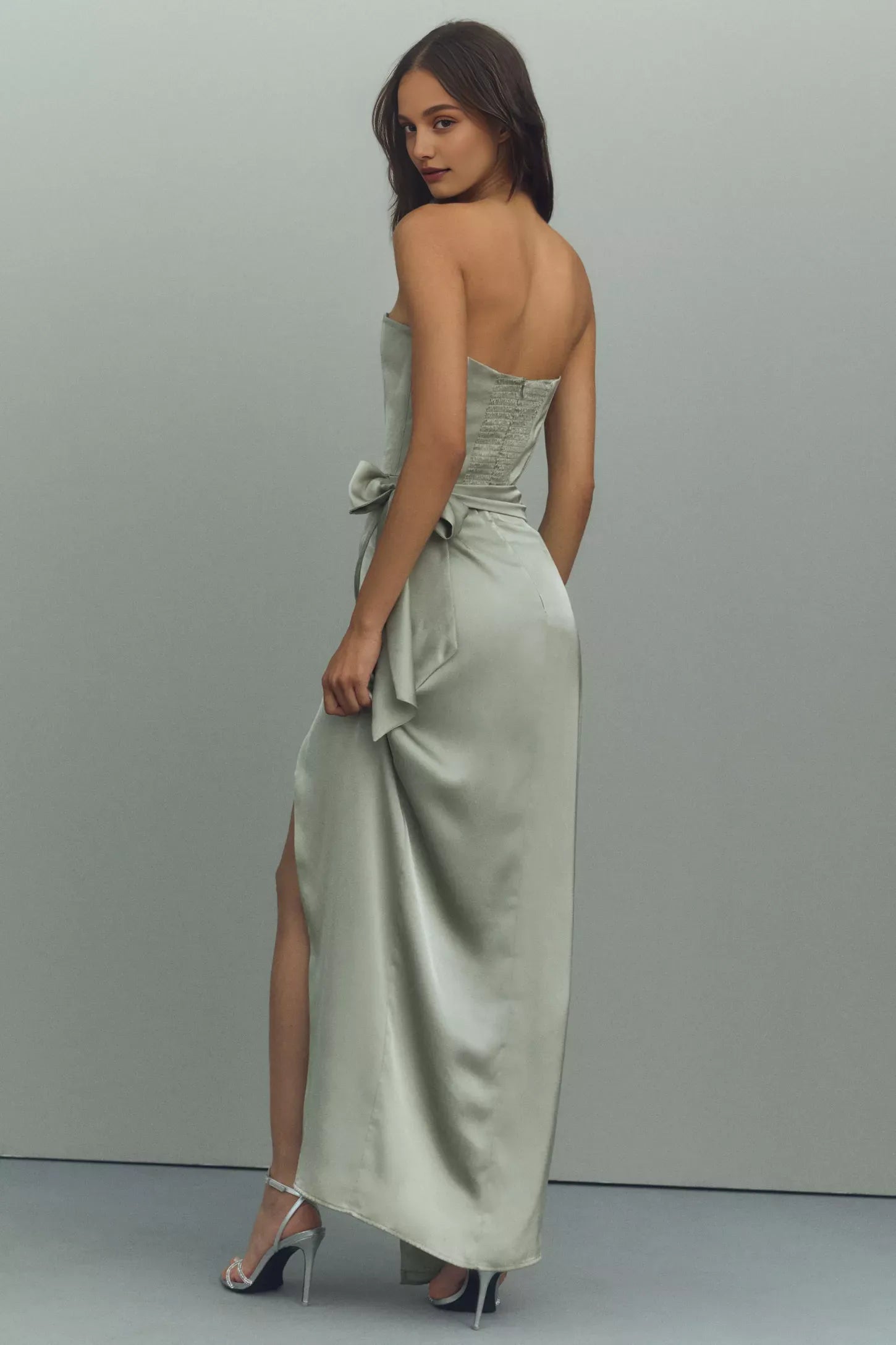 Robe bustier Weitese, corset, sans manches, avec fente sur le devant, robe de bal, épaules dénudées, robe longue couleur sauge 