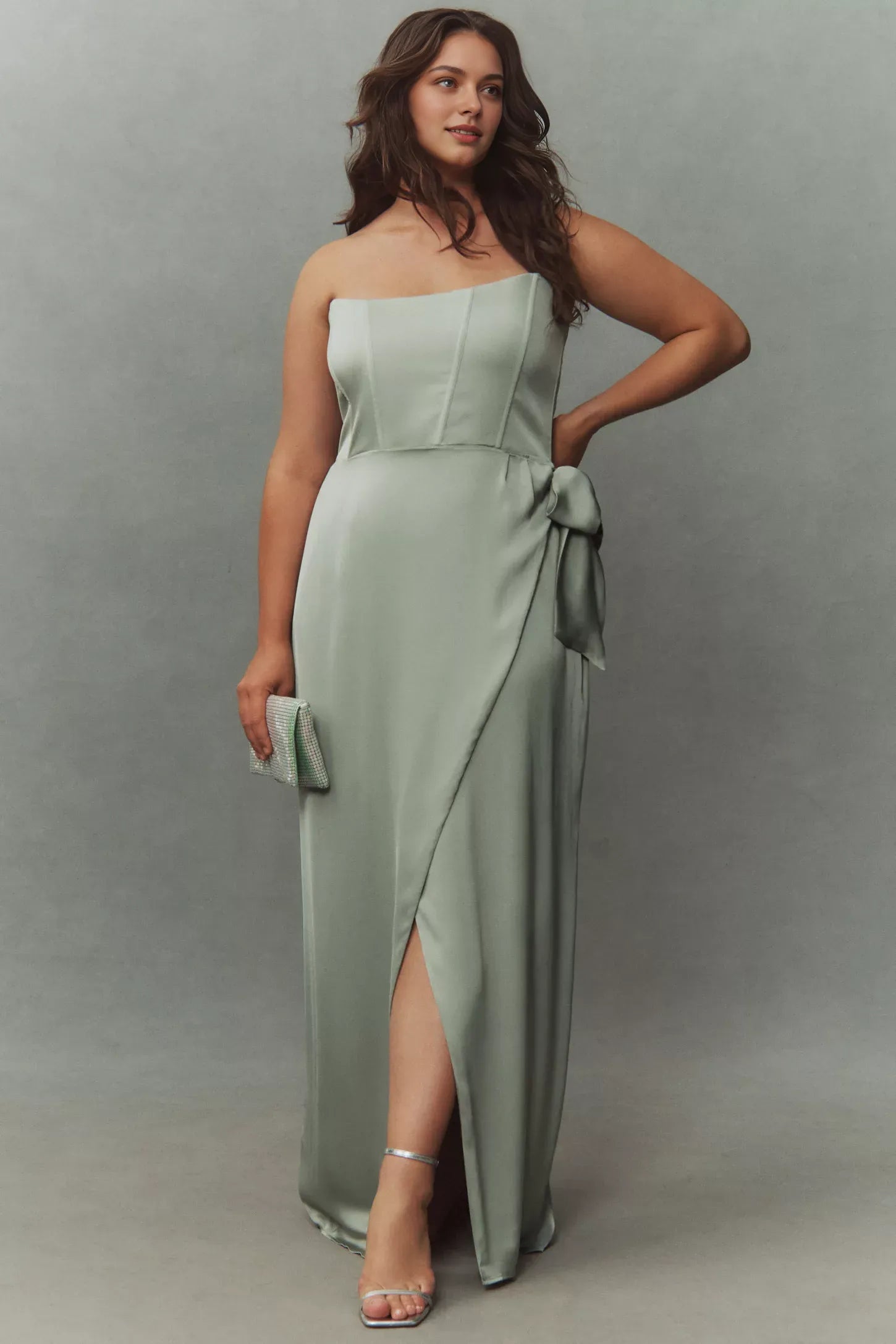 Robe bustier Weitese, corset, sans manches, avec fente sur le devant, robe de bal, épaules dénudées, robe longue couleur sauge 