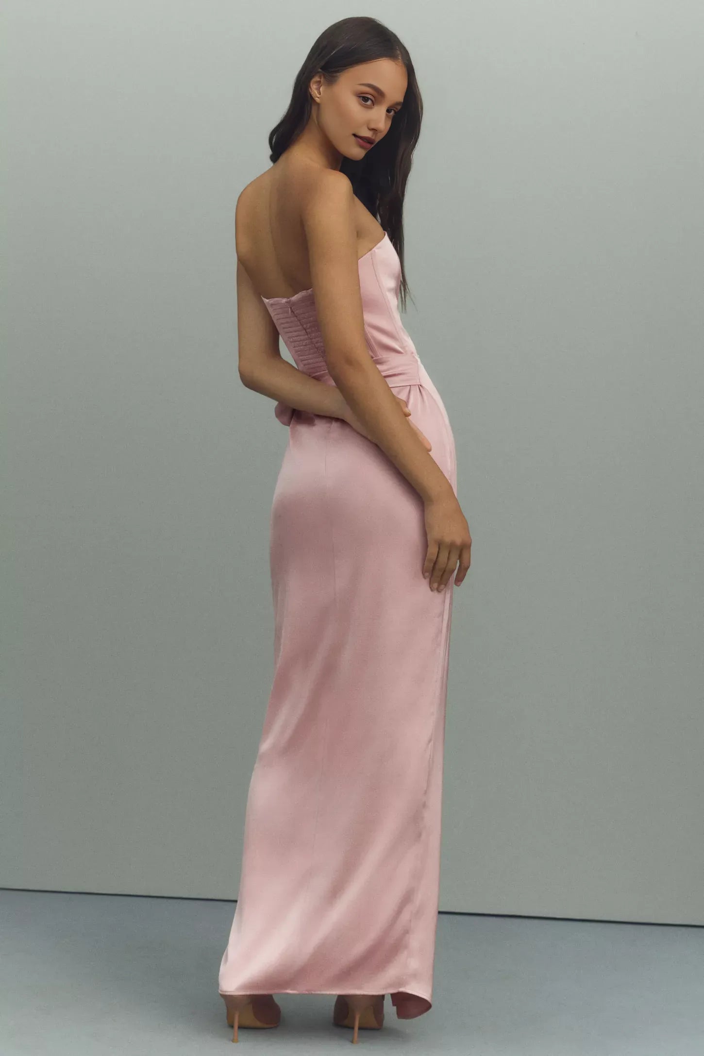 Robe bustier Weitese, corset, sans manches, avec fente sur le devant, robe de bal, épaules dénudées, robe longue couleur sauge 