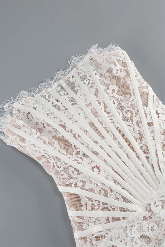 Weitese Dress Strapless Cream Lace Short Dress With Ribbon Sleeveless Lace-Up Back Knee Length Homecoming Dress