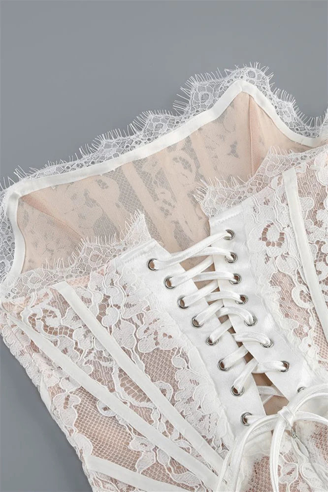 Weitese Dress Strapless Cream Lace Short Dress With Ribbon Sleeveless Lace-Up Back Knee Length Homecoming Dress