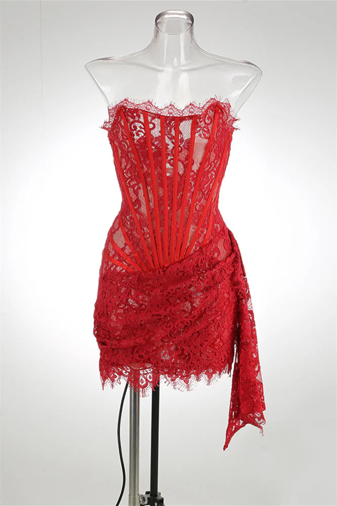 Weitese Dress Strapless Cream Lace Short Dress With Ribbon Sleeveless Lace-Up Back Knee Length Homecoming Dress