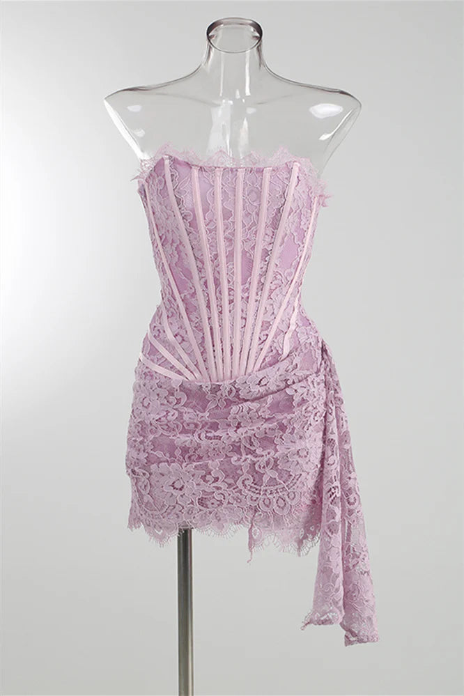 Weitese Dress Strapless Cream Lace Short Dress With Ribbon Sleeveless Lace-Up Back Knee Length Homecoming Dress