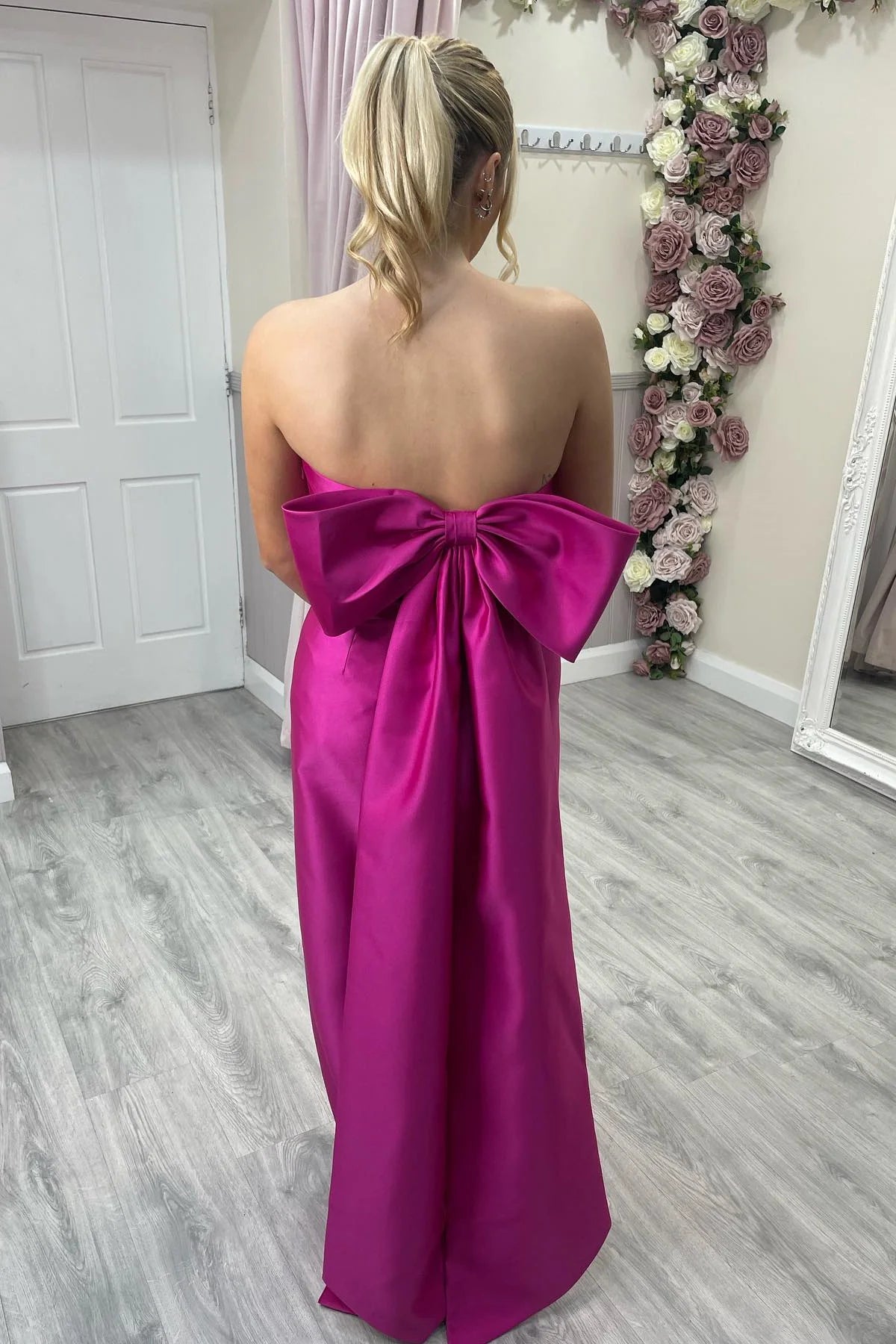 Weitese Dress Strapless Fuchsia Sheath Long Party Dress with Bow Back Bridesmaid Dress Formal Wear Dresses