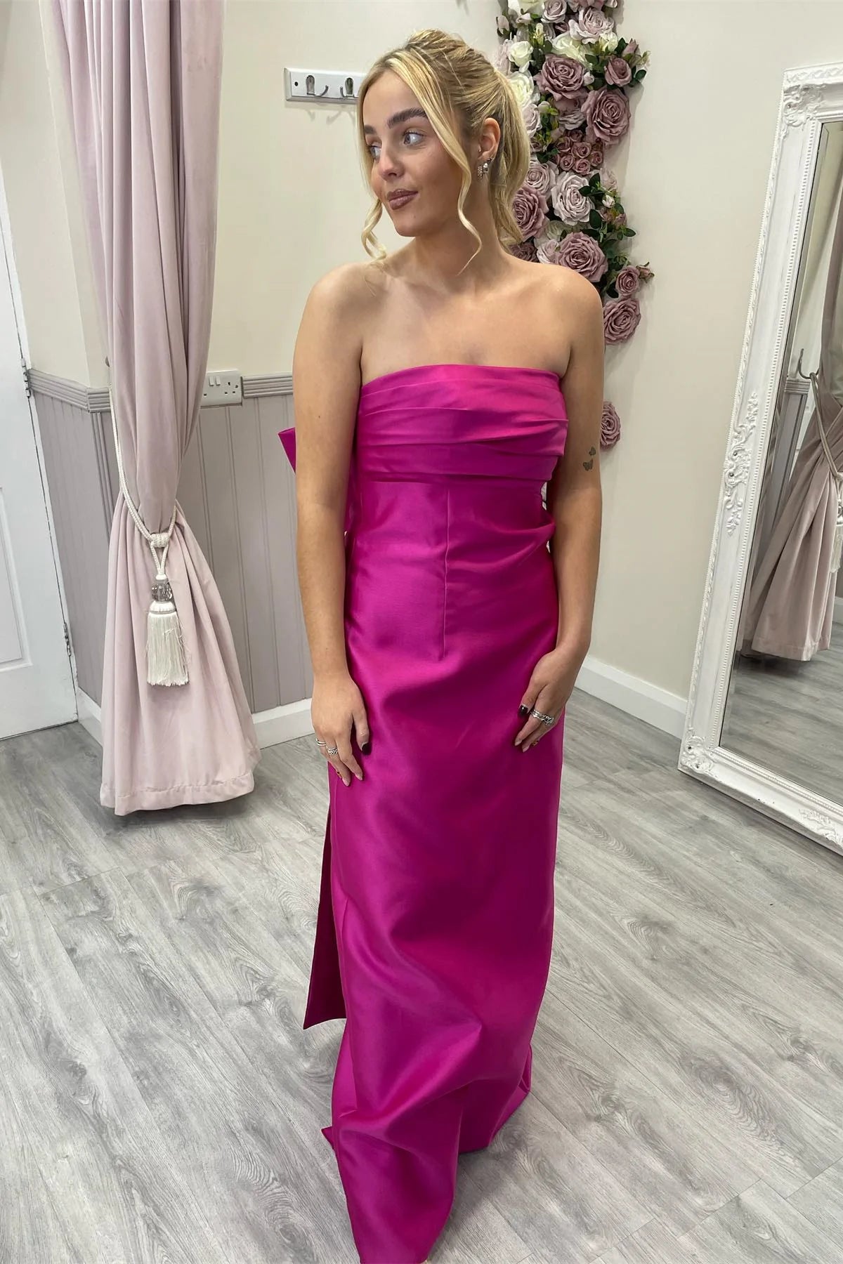 Weitese Dress Strapless Fuchsia Sheath Long Party Dress with Bow Back Bridesmaid Dress Formal Wear Dresses