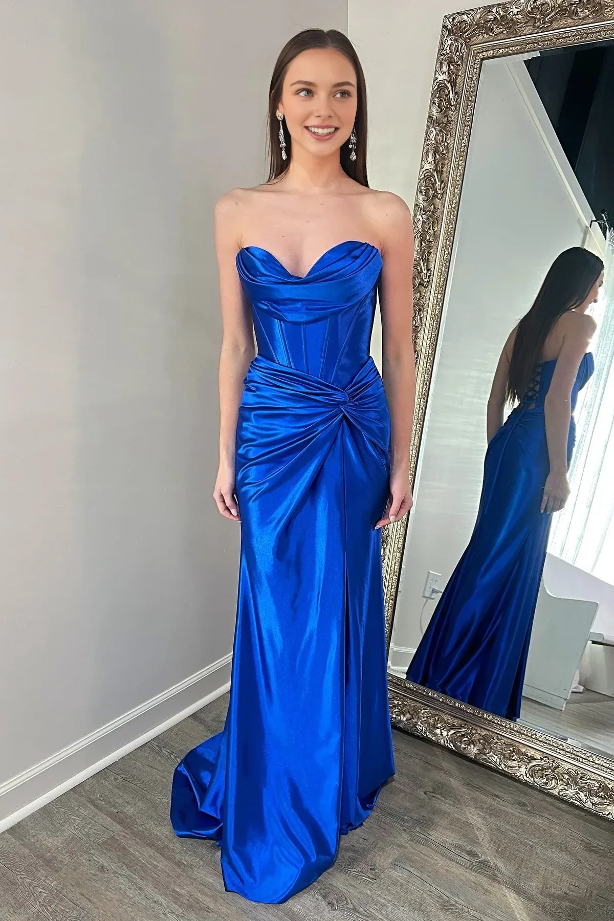 Weitese Dress Strapless Green Ruched Mermaid Long Dress with Slit Prom Dress