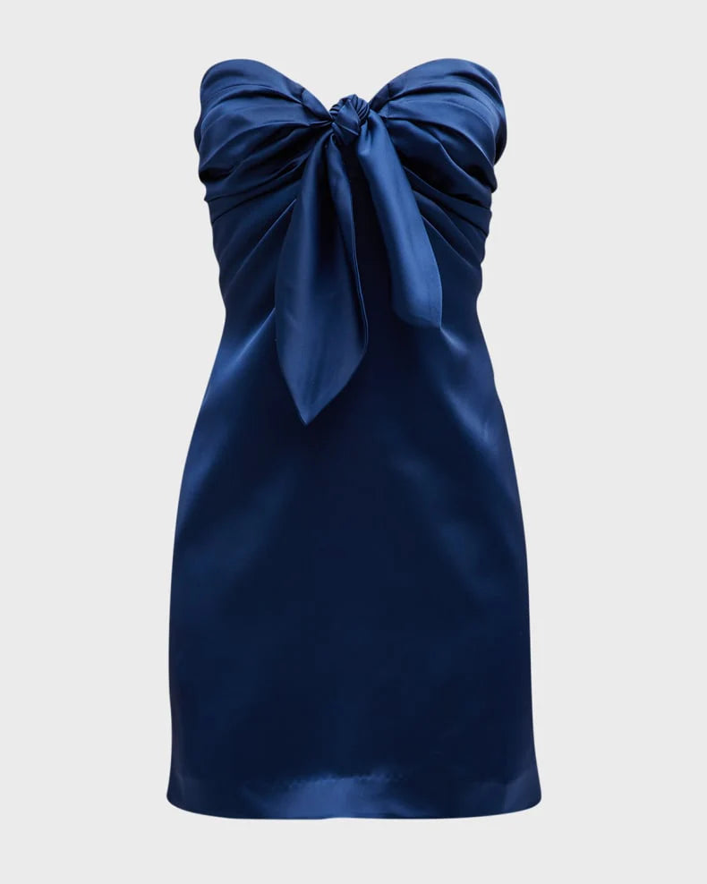 Weitese Dress Strapless Navy Blue Tie-Front Short Mini Dress Pleated With Bow Homecoming Dress