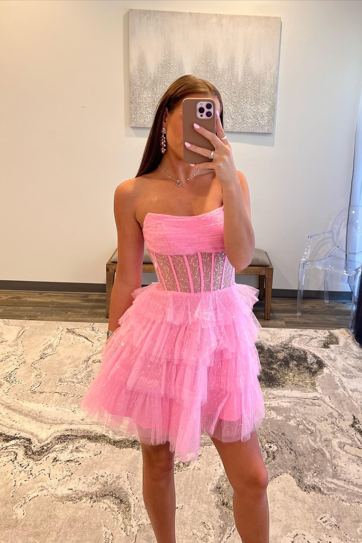 Weitese Dress Strapless Pink A-line Tiered Ruffle Short Princess Dress Sleeveless Homecoming Dress