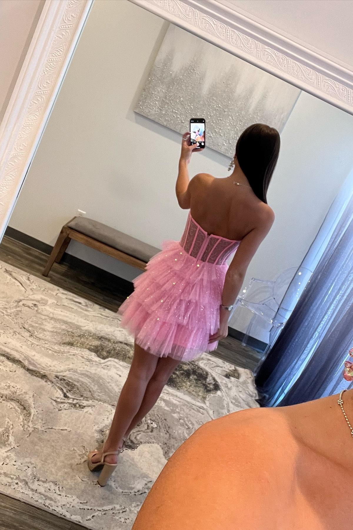 Weitese Dress Strapless Pink A-line Tiered Ruffle Short Princess Dress Sleeveless Homecoming Dress