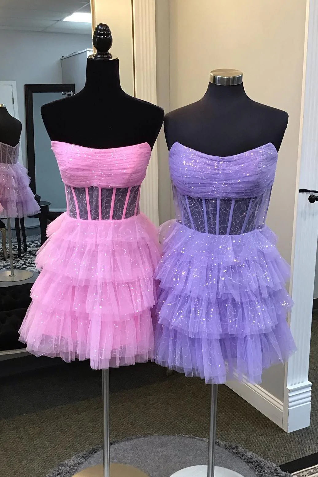 Weitese Dress Strapless Pink A-line Tiered Ruffle Short Princess Dress Sleeveless Homecoming Dress