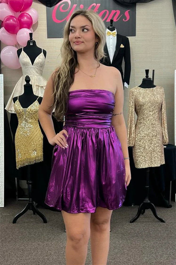 Weitese Dress Strapless Purple Ruched A-line Short Dress Sleeveless Knee Length Lace-Up Back Homecoming Dress