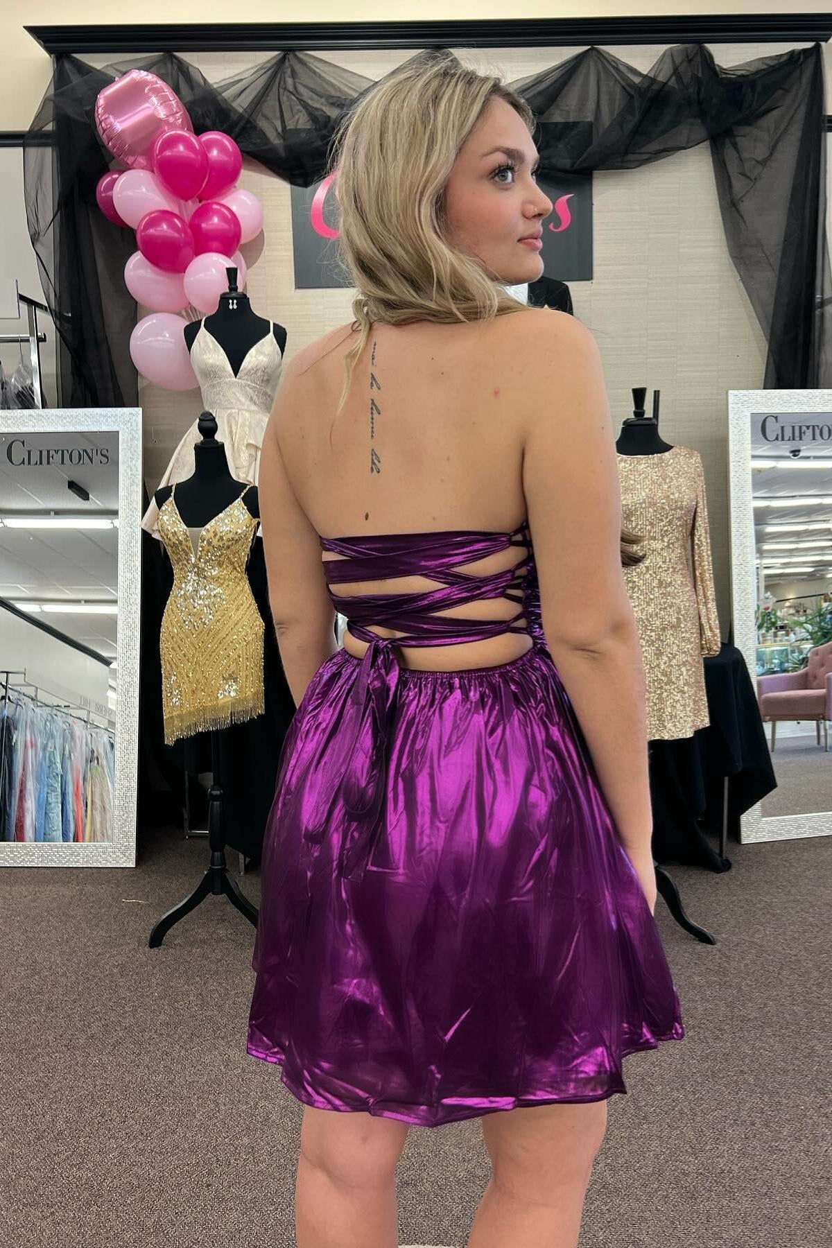 Weitese Dress Strapless Purple Ruched A-line Short Dress Sleeveless Knee Length Lace-Up Back Homecoming Dress