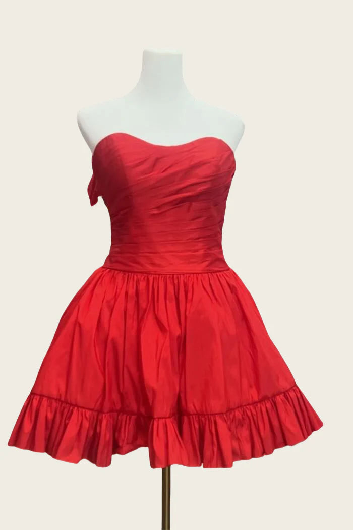 Weitese Dress Strapless Red Back Tie Ruched Taffeta Short Dress Homecoming Dress