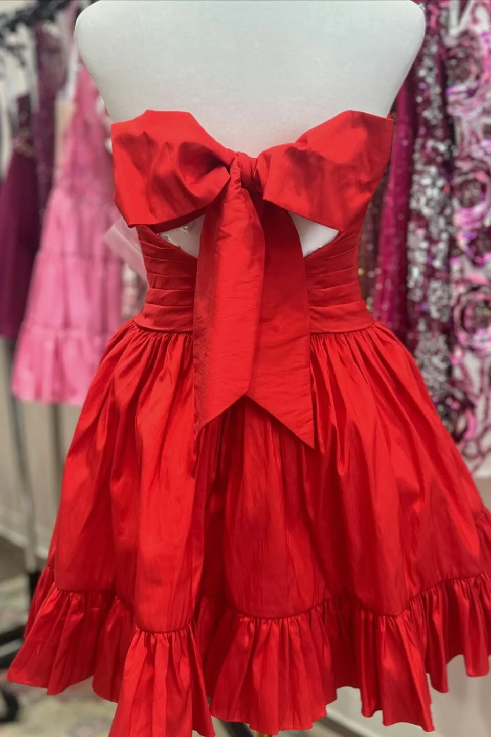 Weitese Dress Strapless Red Back Tie Ruched Taffeta Short Dress Homecoming Dress