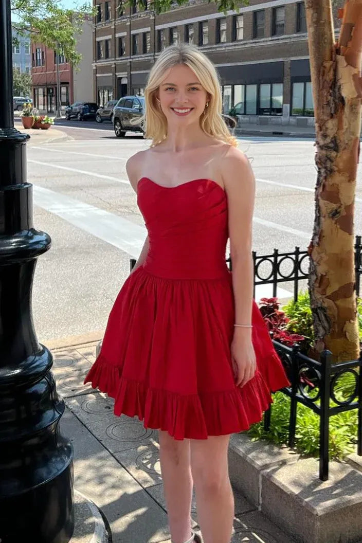 Weitese Dress Strapless Red Back Tie Ruched Taffeta Short Dress Homecoming Dress