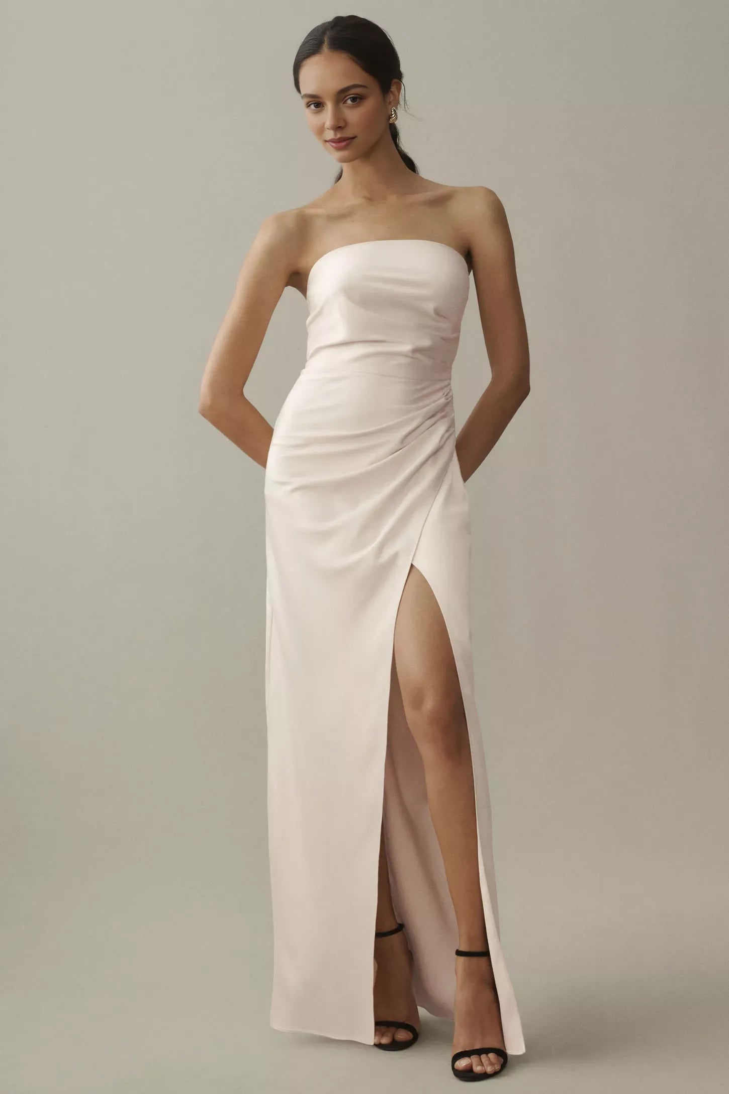 Robe Weitese sans bretelles, fente latérale, satin, robe de bal sans manches, robe longue minimaliste couleur sauge 