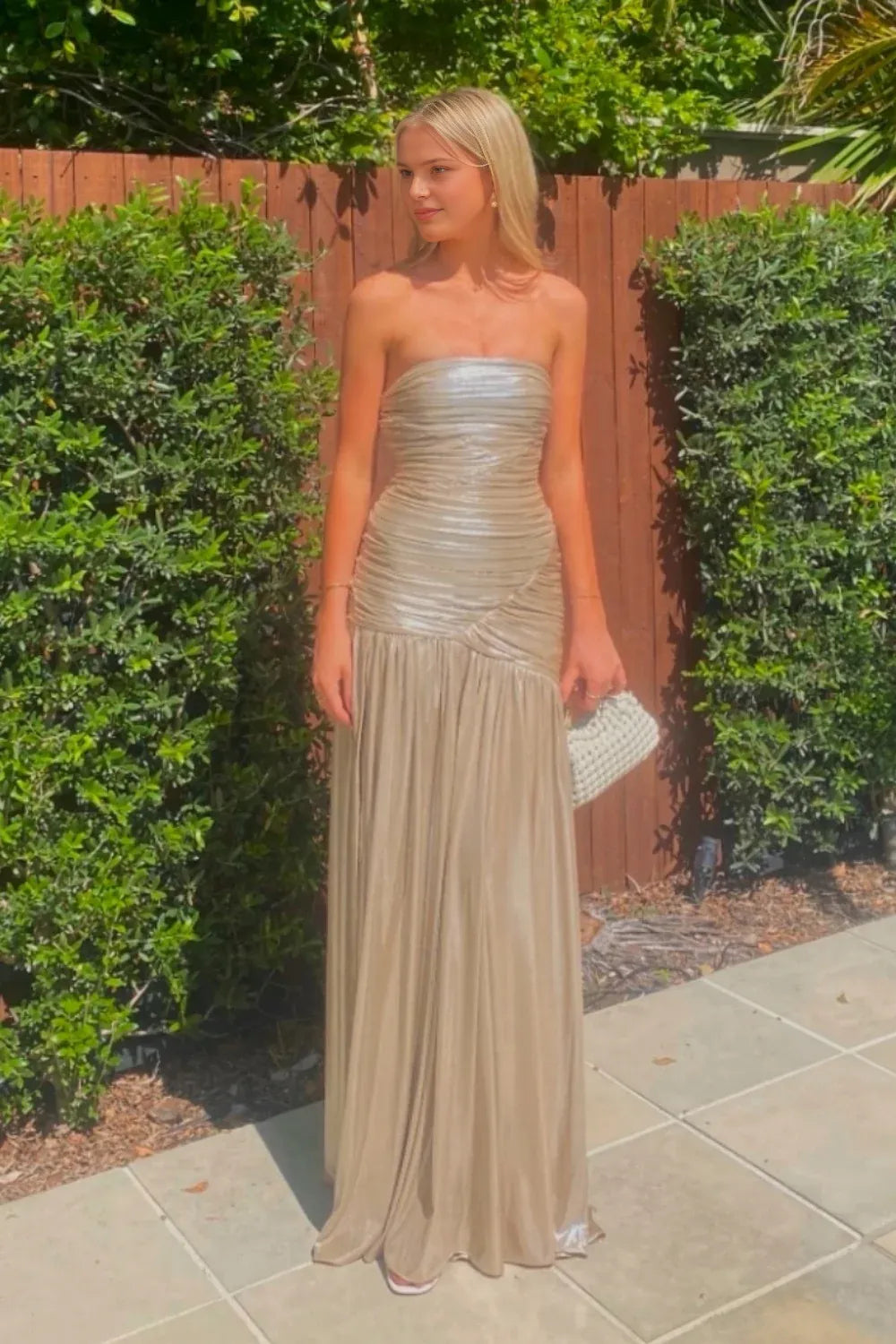 Vestido Weitese sin tirantes, plateado, plisado, metálico, sin mangas, largo, para fiesta 