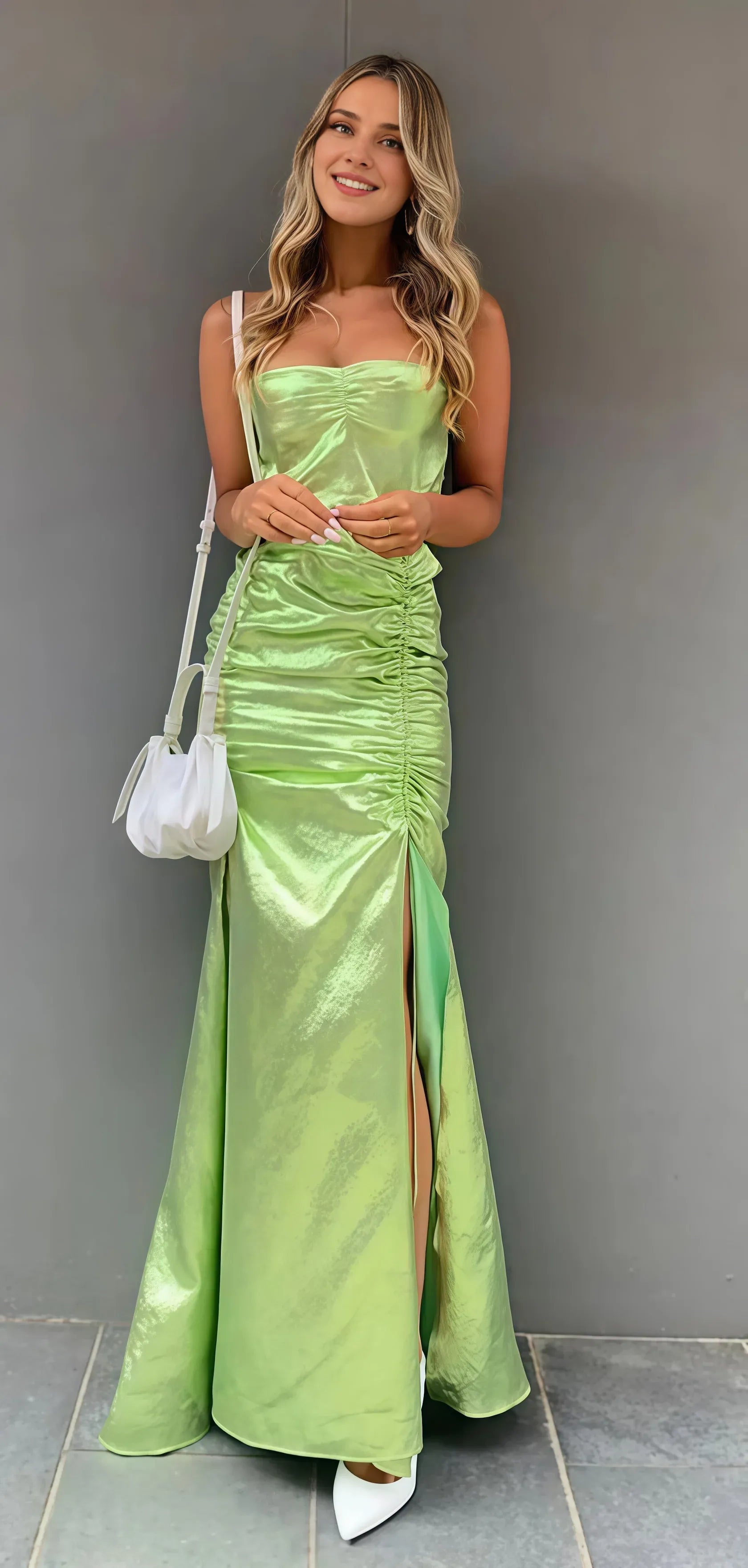Weitese Dress Strapless Sleeveless Green Sheath Long Floor Length Party Dress With Side Slit Prom Dress