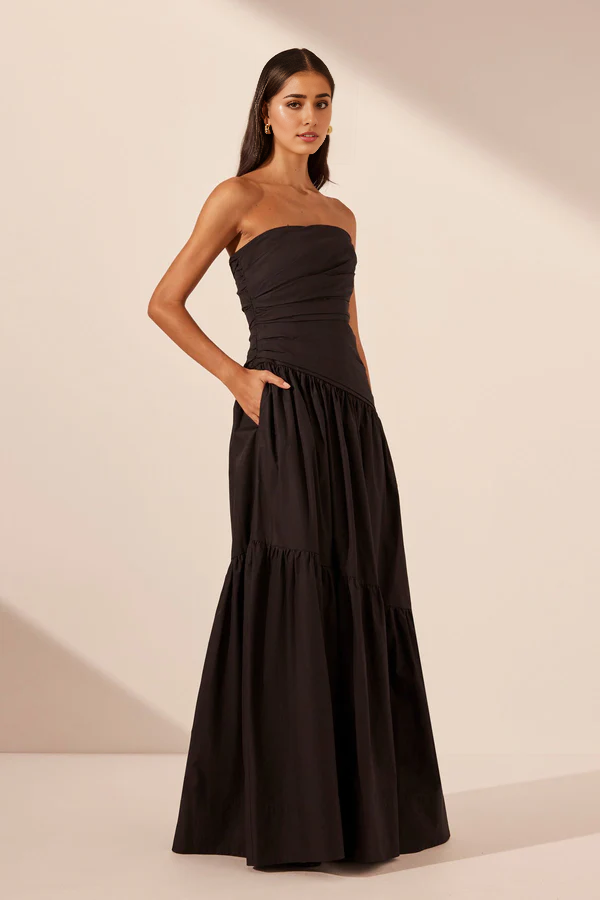 Vestido largo Weitese sin tirantes, con capas, negro, plisado, corte en A, largo hasta los tobillos, elegante vestido de fiesta, vestido de noche. 