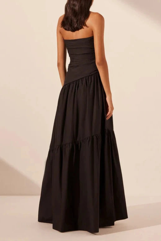 Vestido largo Weitese sin tirantes, con capas, negro, plisado, corte en A, largo hasta los tobillos, elegante vestido de fiesta, vestido de noche. 