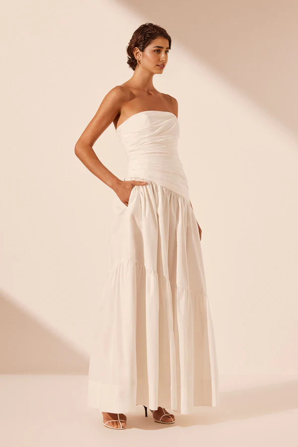 Weitese Dress Strapless Tiered Maxi Dress Ivory Pleated A-line Ankle Length Elegant Party Dress Evening Dress