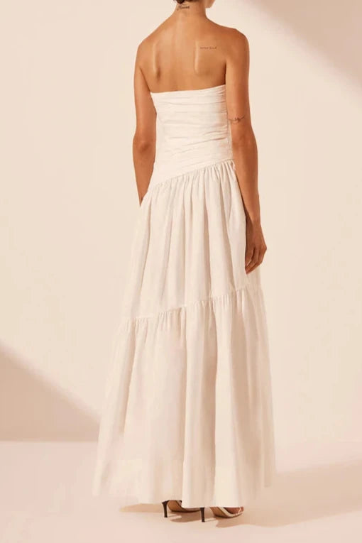 Vestido largo Weitese sin tirantes, escalonado, color marfil, plisado, corte en A, largo hasta los tobillos, elegante vestido de fiesta, vestido de noche. 