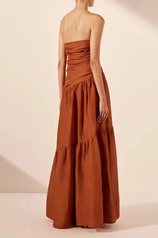 Vestido largo Weitese sin tirantes, escalonado, color óxido, plisado, corte A, largo hasta los tobillos, elegante vestido de fiesta, vestido de noche 